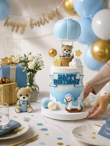 16pcs/1set Cute Blue Bear Cake Toppers, Colorful Foam Ball Cake Toppers, Party Gift Cake Decorations, Soft Rubber Doll Decorations, Bear Birthday Decorations, Bear Cake Decorations - Multicolor - View 4