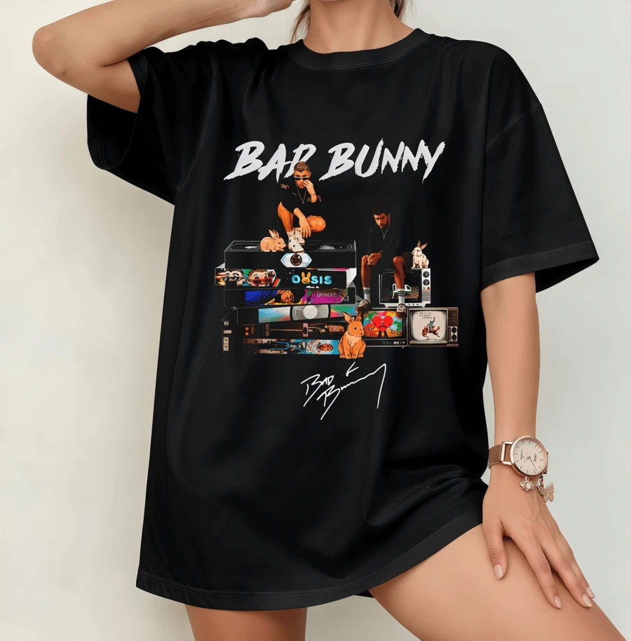 Unisex Bad Bun Retro TV Graphic Reggaeton T-shirt, sångarfandesign - Svart - Visa 1