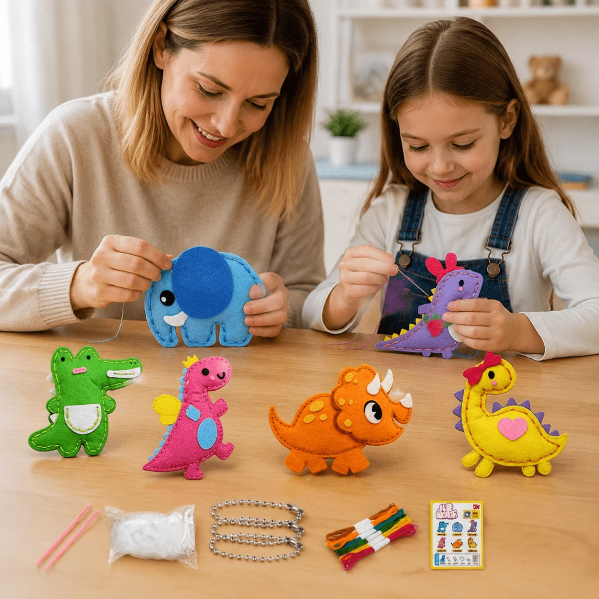 6pcs Kids Cotton Sewing Set - Creative Handmade Dinosaur Pendant, Craft Materials For 6-8 Years Old. Ideal Gift For Easter, Christmas, Halloween, New Year And Birthday.