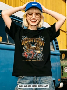 Damen Sommer Lässig Weich Rundhals Kurzarm-Shirt, Vintage Chopper Biker Kunst Muster Grafik ist für den täglichen Gebrauch geeignet. - Schwarz - Übersicht 4