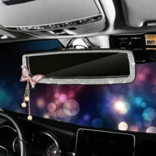 1PC Universal Butterfly Style Car Interior Rearview Mirror With Pearl Pendant & Rhinestones, Oblong Mirror Surface, Non-Prescription Lens, Sparkling Rhinestone Car Interior Ornament, Fits Most Vehicles, Ladies' Car Interior Accessory - Multicolor - View 1