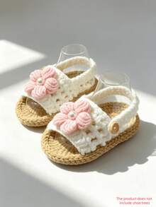 1 Pair Handmade Crochet Infant Sandals, White Flower & Pearl Decor, Infant Shoes - Pink - View 1