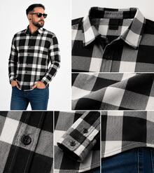 Men's Long-Sleeved Flannel Plaid Shirt - 黑色 - 查看 3