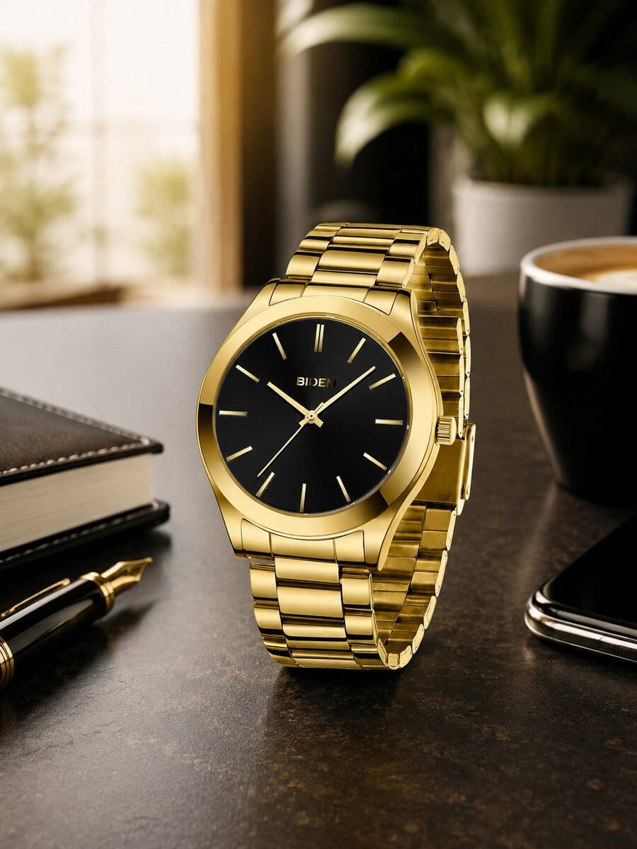 BIDEN 1 件男士防水不锈钢表带模拟石英表，简约商务腕表，男士礼物