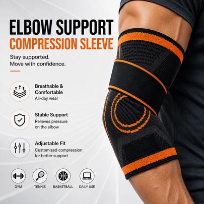 Elbow Support Compression Sleeve Sports Protective Gear, Adjustable Elastic Strap, Stabilizes Elbow Joint And Reduces Sports Strain, Breathable, Sweat-Absorbing, Comfortable And Durable, Suitable For Fitness, Basketball, Tennis, Cycling And Daily Wear