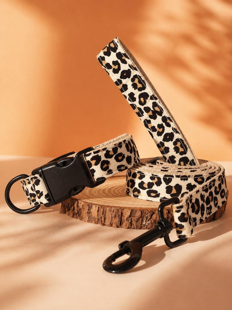 2Pcs Sexy Leopard Dog Collar And Leash Set Adjustable Polyester No Choke Puppy Training Traction Rope For Small Medium Large Dogs S/M/L Yellow Leopard Print Pet Supplies Accessories Valentine's Day Halloween Easter Gift. - Khaki - View 1