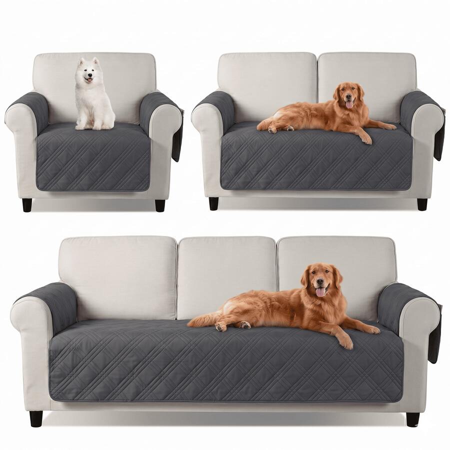 1PC Waterproof Sofa Cover With Side Pocket, Non-Slip Washable Couch Protector, Anti-Scratch Pet Couch Cover For Dogs/Cats, Suitable For 1/2/3 Seater Living Room Dark Grey - 深灰色 - 查看 1