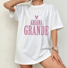 Pink Minimalist Lettering With Bunny Symbol Ariana Gra Pop T-Shirt, Unisex - White - View 1
