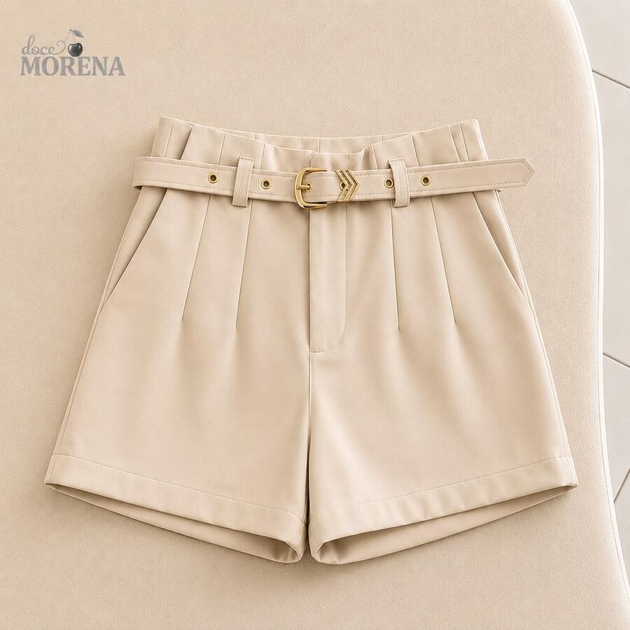 Women's Tailored High-Waisted Shorts With Gold Belt And Pockets – Elegant Casual Chic Look São João Women's Fashion 2026 Blogger Fashion Viral Social Comfortable Premium - 米色 - 查看 1