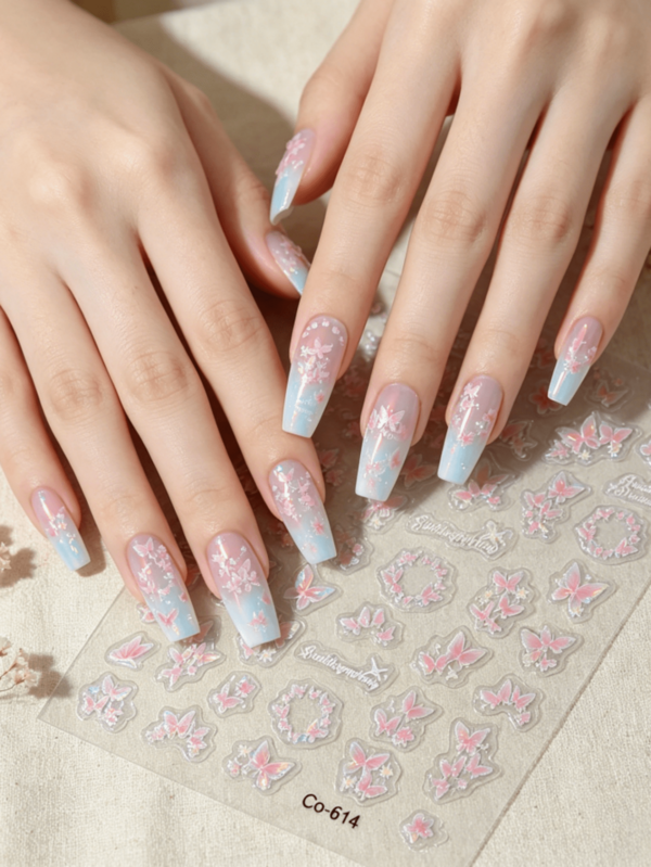 1Pc 3D Iridescent Butterfly Nail Stickers, Pink Shell Glow Flower Nail Decals, Self Adhesive Embossed Fairy Nail Art Supplies