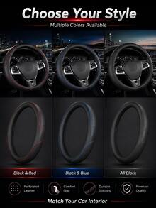 Perforated PU Leather Steering Wheel Cover, Non-Slip Inner Ring, Breathable Laser Cut Grip Protector, Durable Red Stitching, Unisex 14.5-15 Inch Car Interior Accessory, Soft Faux Leather Steering Wheel Cover - A - View 9