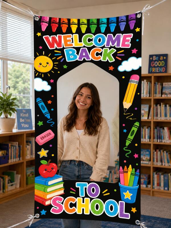 2pcs Back To School Arch-Shaped Photo Props, School Bus Apple Pencil Blackboard Backdrop, Welcome Back To School First Day Check-In Decoration, School Classroom Party Decor Photo Banner