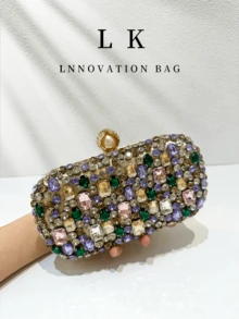 1pc Gorgeous Colorful Rhinestone Embellished Hard Box Clutch Bag For Women, Pearl Clasp Metal Chain Crossbody Evening Bag, Luxury Sparkling Handbag, Suitable For Women's Wedding, Ball, Banquet, Formal Occasions - Multicolor - View 12