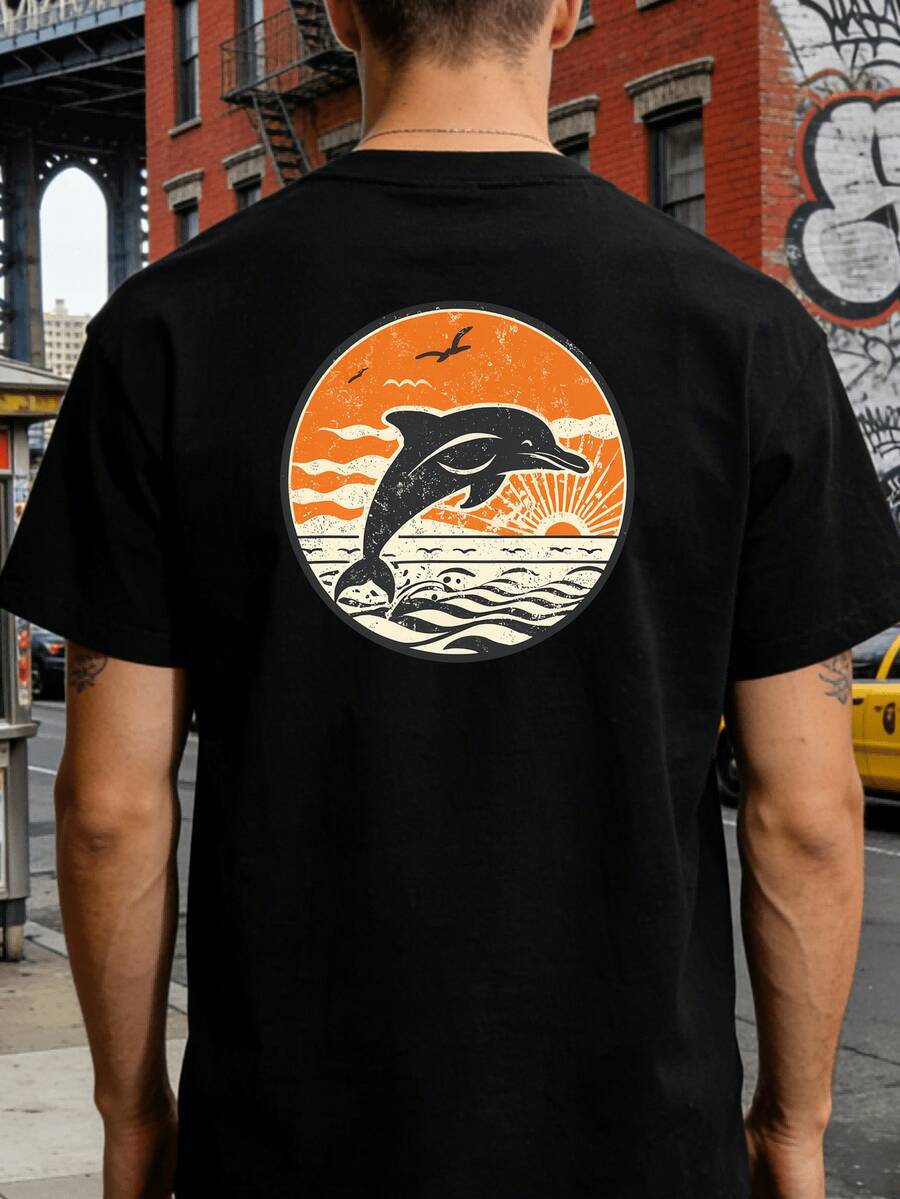 Men's Vintage T-Shirt With Sunset Dolphin Print - Soft And Breathable, Vintage Beachwear, Orange And White Dolphin Print, Lightweight Short-Sleeved T-Shirt - 黑色 - 查看 1