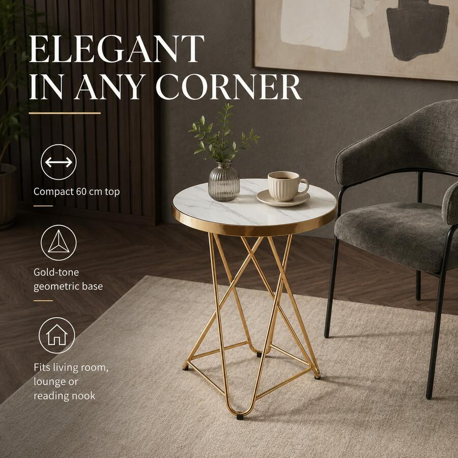 طاولة قهوة دائرية 60 سم، سطح MDF بنمط رخامي لامع، أرجل معدنية هندسية ذهبية، مناسبة كطاولة ديكور/طاولة جانبية/طاولة طعام صغيرة للاستخدام اليومي - أبيض - مشاهدة 1