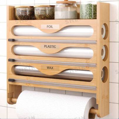 1 pieza Dispensador de envoltorio de plástico de bambú con soporte para toallas de papel, dispensador de papel de aluminio, estante de almacenamiento de envoltorio de plástico, adecuado para la cocina - Temporada de regreso a la escuela