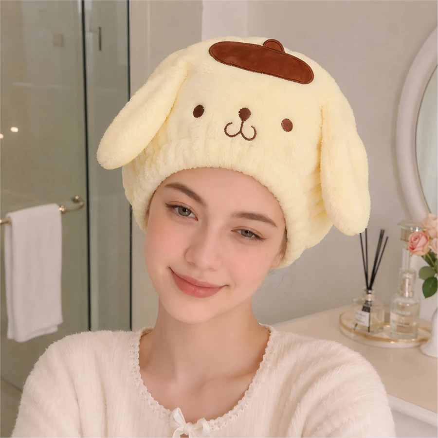 MINISO Sanrio Pompompurin 毛絨洗髮帽,超吸水毛巾包裹,開學季日常洗浴必需品,舒適女性淋浴配件 - 黃色 - 查看 1
