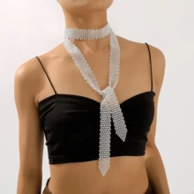 1/2pcs Women's Shiny Rhinestone Mesh Necktie, Elegant Sequin Diamond Choker Necklace, Luxury Evening Party Ball Wedding Accessory - Multicolor - View 4