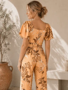 Long Jumpsuit, Thermal Print, All-Over Print, Polyester, Embroidered, With Belt, Buttons, Front Zipper, Birthday Party, Dating, Spring/Summer. - SALMÓN - Ver 2