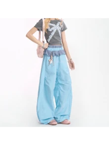 Summer Clothes, Women's Pants, Checkered Lace Wide-Leg Pants, Retro Style, Lightweight, Casual, Cargo Pants, Figure-Flattering, Cute. - Blue - View 7