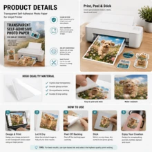 5/20/50 Hojas de Papel Fotográfico Autoadhesivo PET Transparente A4, Tamaño 210mm*297mm (8.28in*11.69in), Resistente a Arañazos y Duradero, Compatible con Impresoras de Inyección de Tinta/Láser, Adecuado para Hacer Fotos, Manualidades y Pegatinas - transparente - Ver 3
