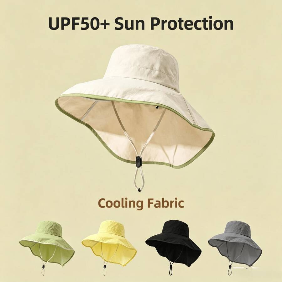1件中性款 UPF50+ 寬簷防曬帽 可拆式護頸防水涼感水桶帽 適合戶外釣魚健行海灘 - 彩色 - 查看 1