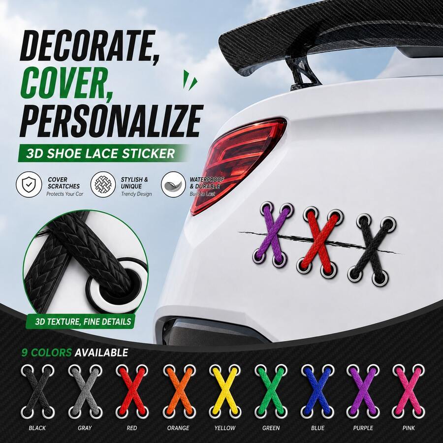 Universal 3D Shoelace Style Car Sticker, Scratch Cover Decorative Decal, Self-Adhesive Modified Body Graphic Accessory For Automobile, Motorcycle And Electric Scooter Exterior Refit - A - View 1