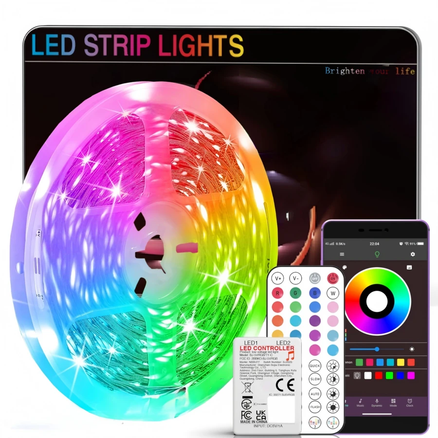 Self-Adhesive LED Light Strip, Equipped With A Remote Control And App Control, With Intelligent Dimming And Color Changing Function, Flexible RGB Light Strip, SMD 5050 LEDs, Suitable For Backlighting TVs As Well As For Decoration In Bedrooms And Living Rooms. - EU C Type Plug(220-240V) - View 1