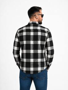 Men's Long-Sleeved Flannel Plaid Shirt - 黑色 - 查看 2