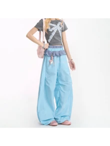 Summer Clothes, Women's Pants, Checkered Lace Wide-Leg Pants, Retro Style, Lightweight, Casual, Cargo Pants, Figure-Flattering, Cute. - Blue - View 3