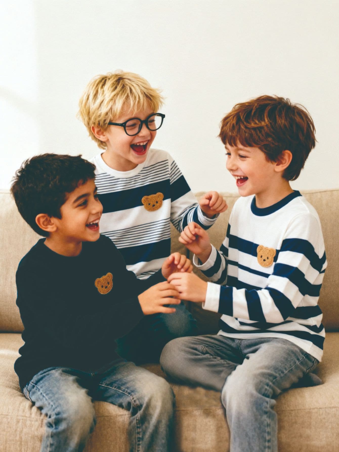 Set da 3 magliette a maniche lunghe casual da ragazzo, con stampe e motivi a righe, collo rotondo, adatte per la primavera/autunno - Blu - Visualizzare 1