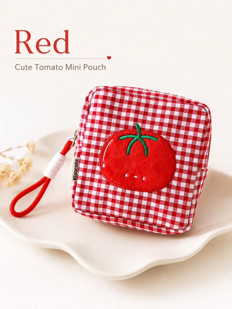 Cute Tomato Gingham Mini Pouch With Wrist Strap, Small Square Zipper Pencil Case, Portable Cosmetic Bag, Coin Purse, Earbud Cable Organizer, Makeup Storage Bag For School, Travel, Desk & Daily Essentials - Persimmon Ruyi Pencil Case - View 12