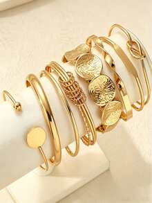 7pcs French Luxury Hammered Round Metal Bangle Set, Vintage Hong Kong Style Multi-Piece Open Adjustable Gold-Tone Bracelets, Versatile Layering Jewelry For Commuting - Gold - View 2