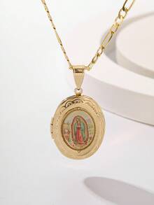 1pc Fashionable And Simple Hand-Painted Virgin Mary Aromatherapy Locket Pendant Necklace, Suitable For Gift-Giving, Couple, Friend, Daily Wear, Festival, Prayer - Yellow Gold - View 7