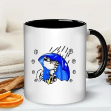 Gatito bajo la lluvia con paraguas Taza de cerámica estética minimalista Taza de café original ideal para regalo de cumpleaños apta lavavajillas - Negro - Ver 6