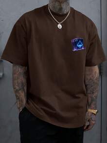 大尺碼男士時尚多功能酷感撲克牌印花圓領短袖T恤 - 咖啡棕 - 查看 2