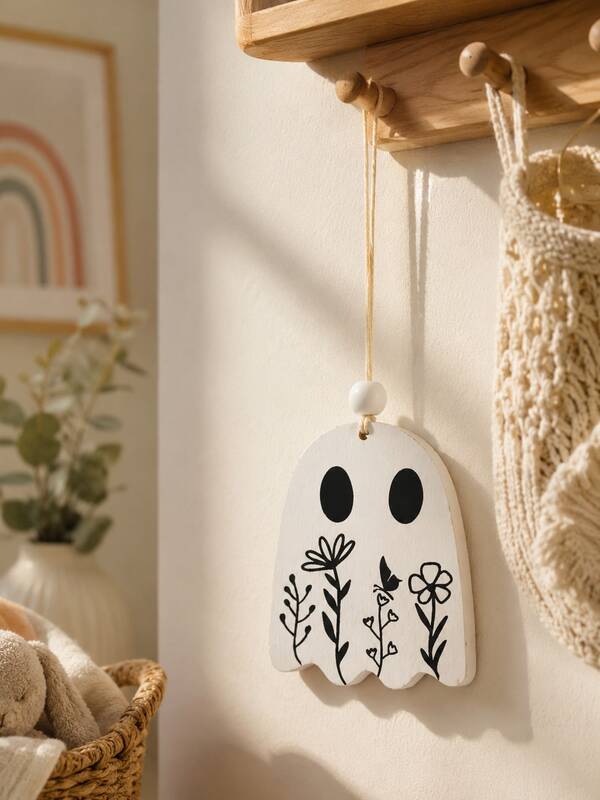 1pc Cute White Ghost Floral Wall Hanging Decor, Adorable Plant Ghost Wall Decoration, Bathroom Shower Wall Hanging, Shower Curtain Area Decor, Sink Area Tile Wall Decor, Bohemian Style Home Accent, Living Room Bedroom Door, Entrance, Apartment Dorm Shelf, Porch Room Decoration