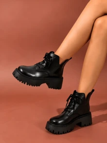 Women's Black Lace-Up Thick-SoleBoots, Casual Versatile Platform Ankle Boots For Fall And Winter - Black - View 11
