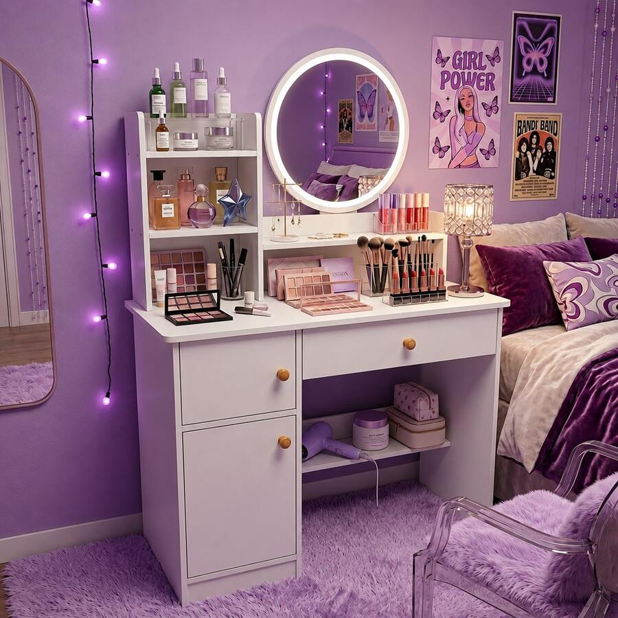 Compact Vanity Desk With Mirror & Lockable Cabinet, 3-Tier Makeup Table With Storage Shelves For Bedroom, Modern Nordic Space-Saving Dressing Table 80*40*130cm