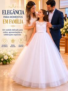 Long Dress For Children, Youth, Party, Flower Girl, Bridesmaid, Wedding, Flower Girl, Debutante, Princess, Miss, Lace With Bow, 3/4 Sleeve, Luxury - 3 To 16 Years - 白色 - 查看 10