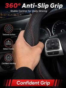 Perforated PU Leather Steering Wheel Cover, Non-Slip Inner Ring, Breathable Laser Cut Grip Protector, Durable Red Stitching, Unisex 14.5-15 Inch Car Interior Accessory, Soft Faux Leather Steering Wheel Cover - A - View 5