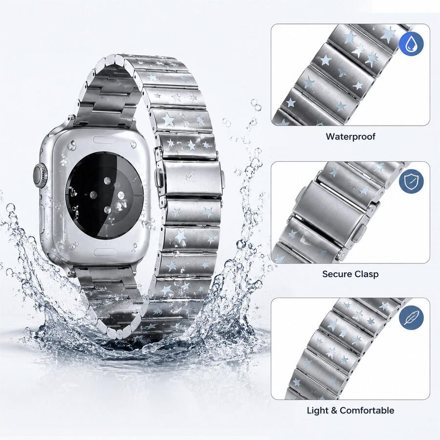Star Pattern Stainless Steel Watch Band, Compatible With Apple Watch Series 1/2/3/4/5/6/7/8/9/10/11 SE/Ultra, Women's Elastic Metal Bracelet Strap
