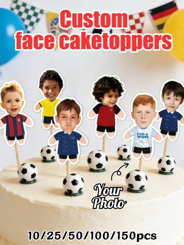 Personalized Football Cake Decorating Toppers With Customizable Face Photos, Available In 10/25/50/100/150pcs. Easy To Place On Cakes - Perfect For Birthdays, Parties, Family Gatherings, And Holiday Cakes - And DIY Party Enthusiasts.