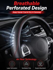 Perforated PU Leather Steering Wheel Cover, Non-Slip Inner Ring, Breathable Laser Cut Grip Protector, Durable Red Stitching, Unisex 14.5-15 Inch Car Interior Accessory, Soft Faux Leather Steering Wheel Cover - A - View 4