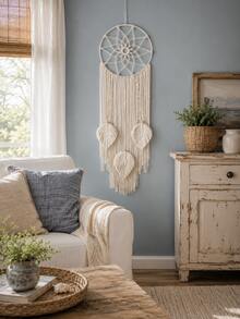 1pc Handmade Woven Dreamcatcher Wall Hanging, Boho Style Woven Tassel Leaf Decor, Neutral Beige Macrame Wall Art, Modern Woven Wall Decor, Boho Bedroom Dreamcatcher Decor - Multicolor - View 3