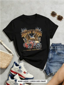Damen Sommer Lässig Weich Rundhals Kurzarm-Shirt, Vintage Chopper Biker Kunst Muster Grafik ist für den täglichen Gebrauch geeignet. - Schwarz - Übersicht 5
