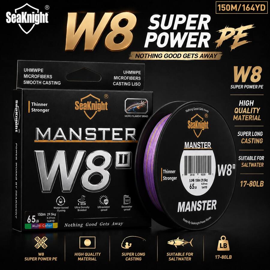 Dây câu SeaKnight 150m MANSTER W8 II 8 sợi bện - Siêu bền, chống mài mòn, không giãn - Độ bền từ 15lb đến 100lb, thích hợp cho cả nước mặn và nước ngọt. - Nhiều màu - Xem 1