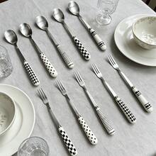 5/10pcs Geometric Pattern Ceramic Handle Stainless Steel Cutlery Set, Polished Surface Tableware With Dessert Spoon, Coffee Spoon, Small Spoon, Small Fork And Fruit Fork - Multicolor - View 15