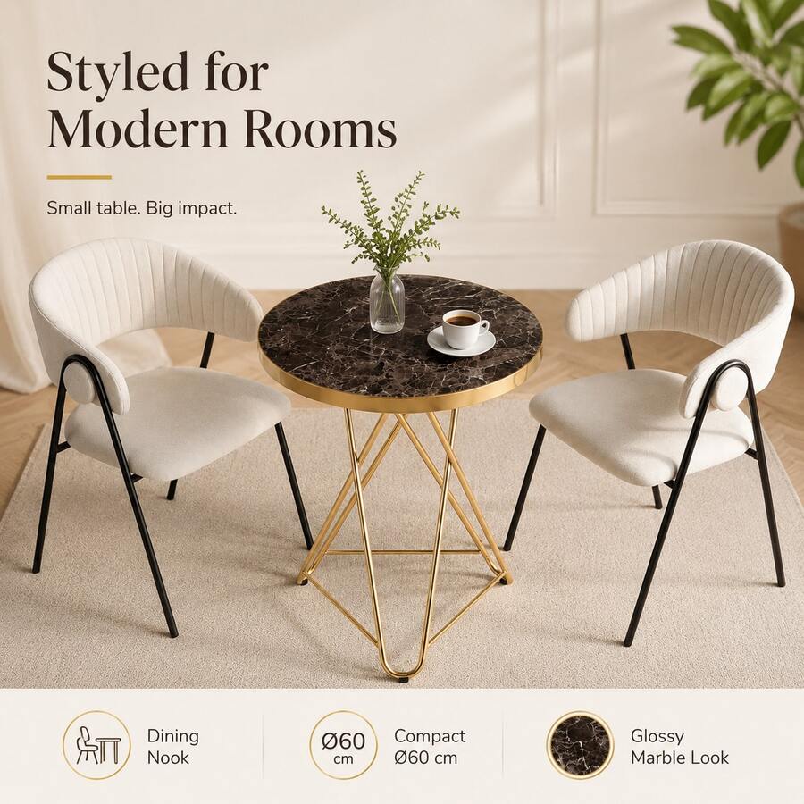 60cm Round Coffee Table, Glossy Marble Pattern MDF Top, Gold Geometric Metal Legs, Suitable For Decorative Table/Side Table/Daily Small Dining Table - Brown - View 1