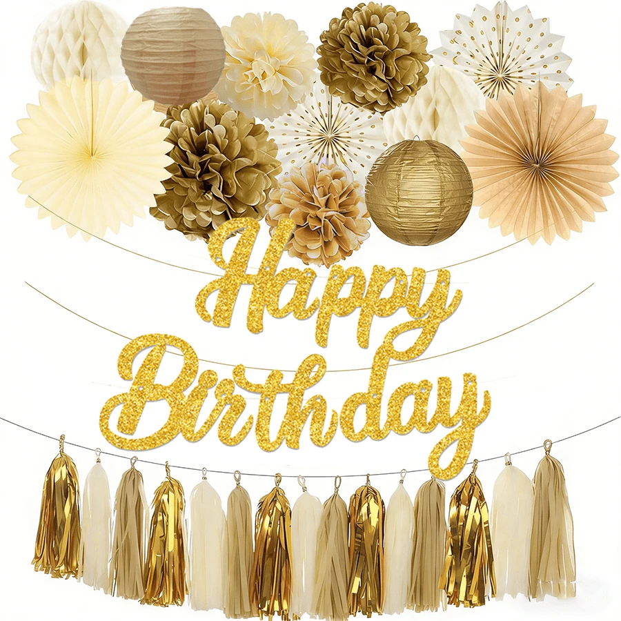 Gold Birthday Party Decorations, Gold Glitter "This Is My Golden Birthday" Banner Photo Backdrop Suitable For Women And Men, Fun Birthday Party Supplies Suitable For Weddings - Happy Birthday Platinum Lantern Set - View 1